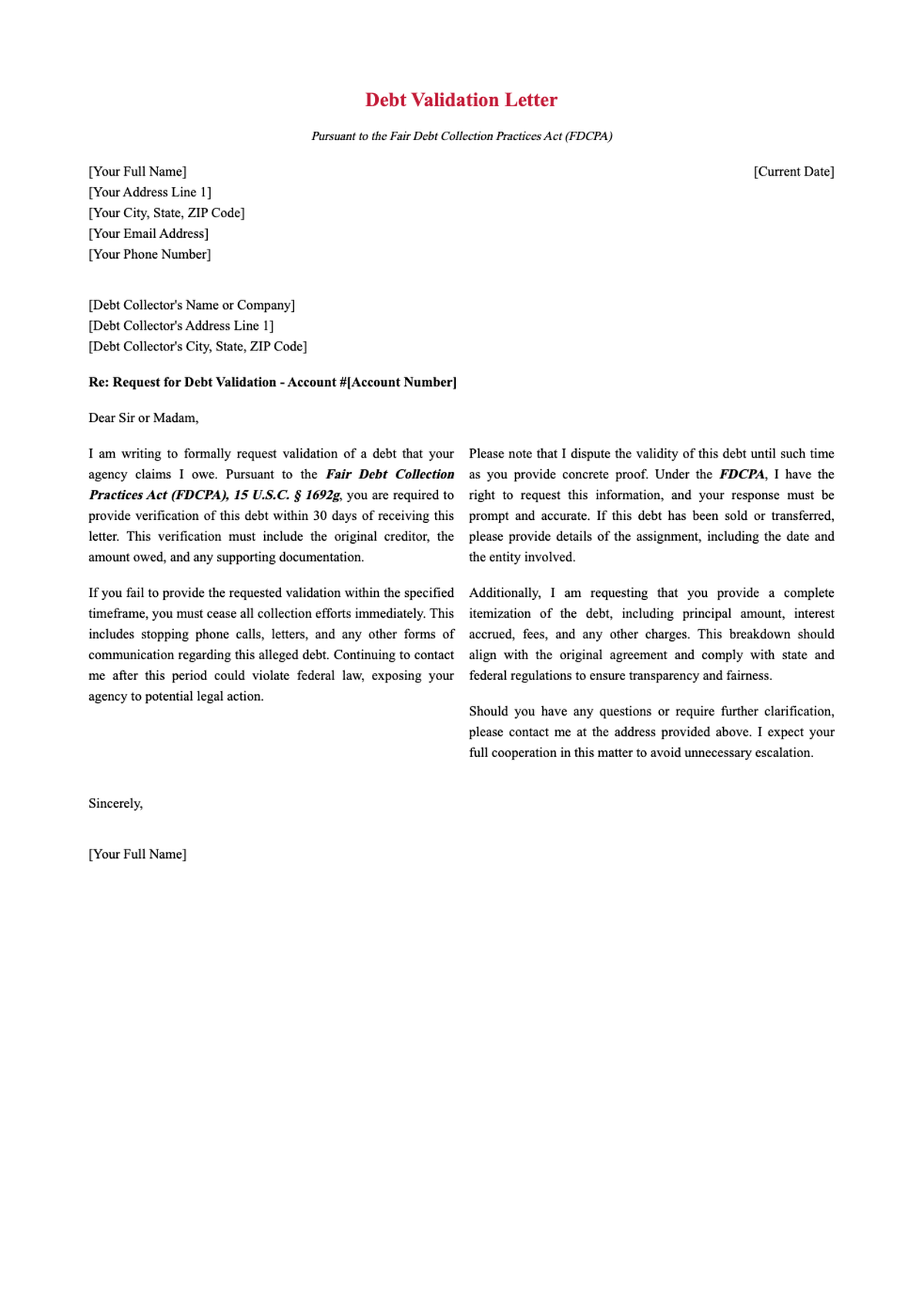 Sample debt validation letter under FDCPA with certified mail instructions_variant_2